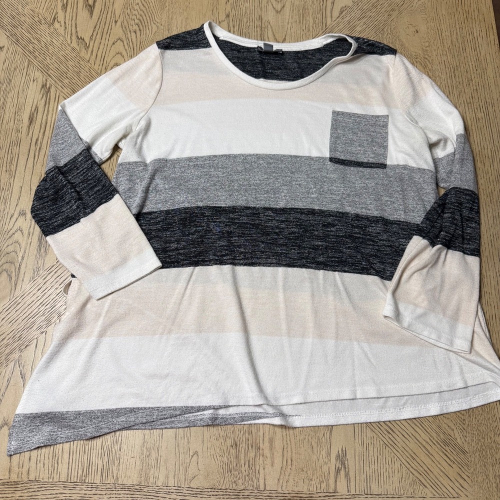 Market & Spruce Women's XL Striped Pocket Long Sleeve Asymmetrical Hem Top